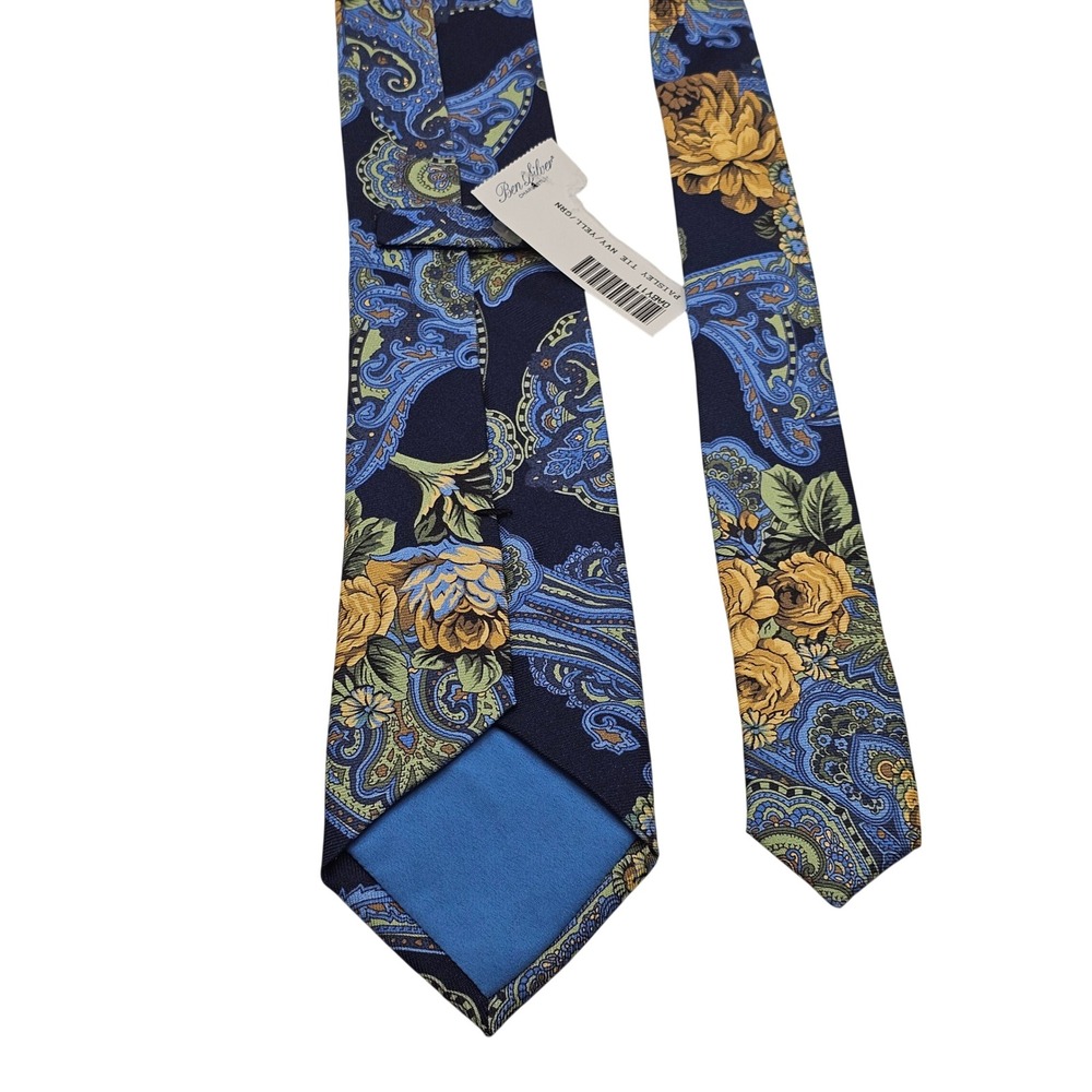 Ben Silver Silk Tie Navy Yellow Floral Paisley Academia Preppy Luxury Business - Picture 6 of 10
